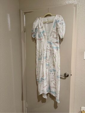 For Love & Lemons Shea White Floral Midi Dress with Puff Sleeves